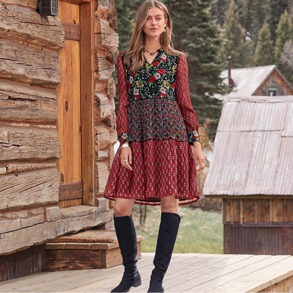 Sundance Patterns of Wonder Long Sleeve Floral Patchwork Hippie Boho Chic Dress - Picture 2 of 10